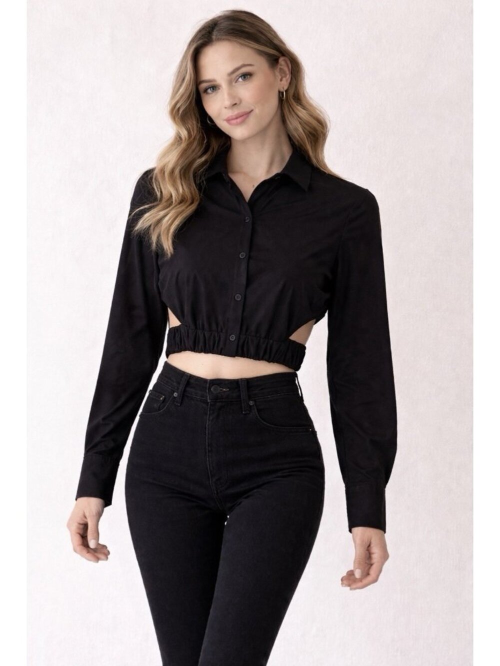 4Sienna Dee-Elly XS Black Collared Crop Cut Out Blouse Top Long Sleeve NEW